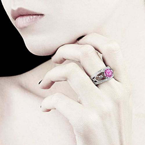 Bague saphir rose forme rond pavage diamant or blanc Regina Suprema