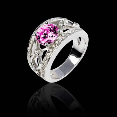 Bague saphir rose forme rond pavage diamant or blanc Regina Suprema