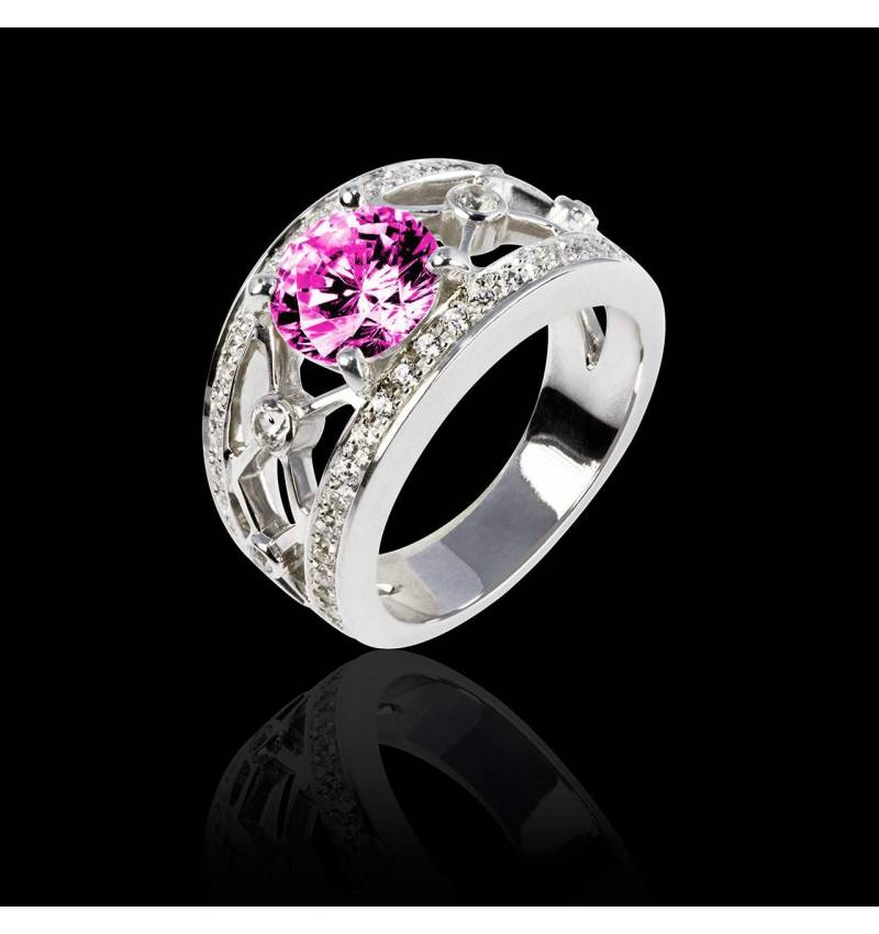 Bague saphir rose forme rond pavage diamant or blanc Regina Suprema